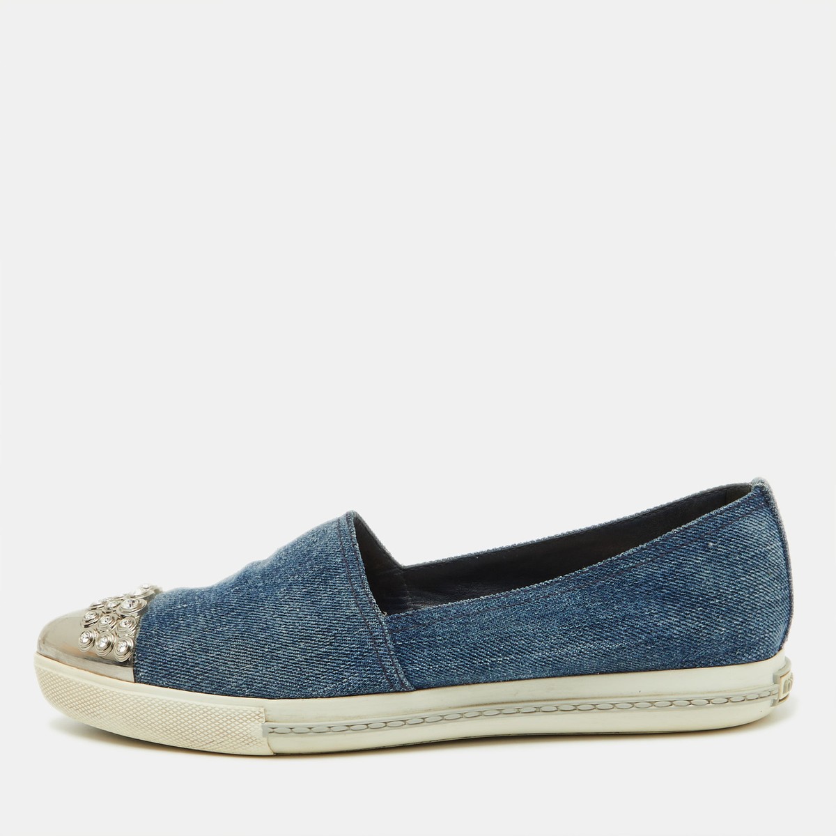 Miu Miu Blue Denim Crystal Embellished Cap Toe Slip On Sneakers 
