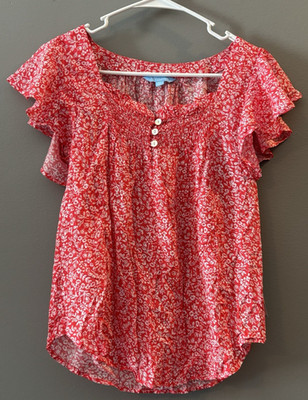 NWT Draper James RSVP Red White Flowers Flutter Short Sleeves Boho Flowy XS