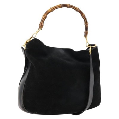 GUCCI Bamboo Shoulder Bag Suede Black Gold 01 1014 1577 Auth ti3727
