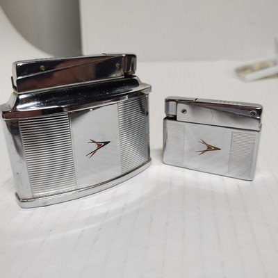 Vintage Capri Jet Motif Table & Pocket Butane Lighter Matching Set MCM Chrome