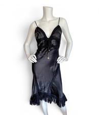 ROBERTO CAVALLI S/S 2004 Vintage Corset Black Silk Ruffle Midi Slip Dress S