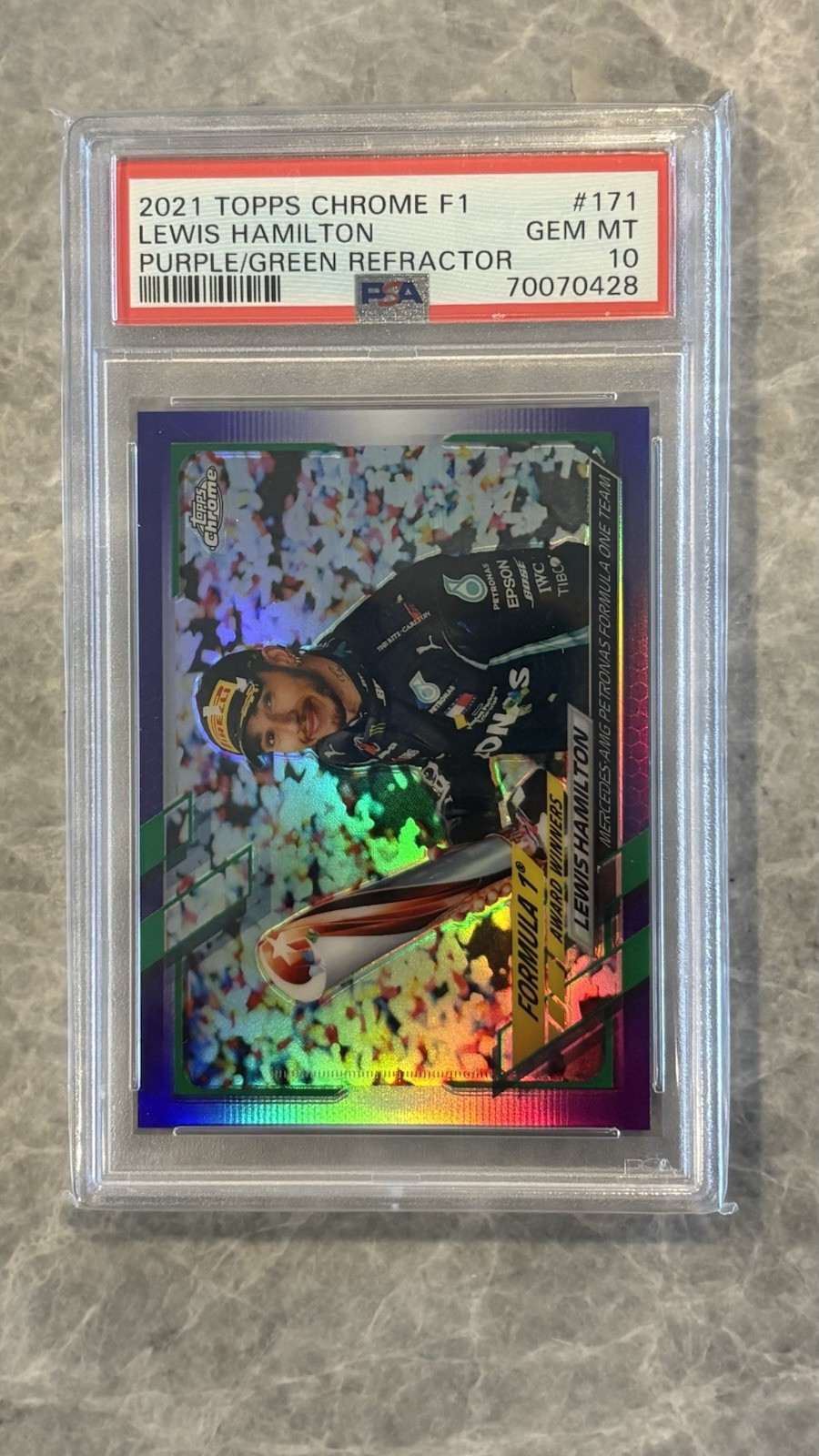 2021 Topps Chrome Formula 1 Lewis Hamilton #171 Purple/Green Refractor PSA 10