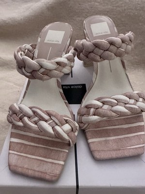 Dolce Vita Strappy Braided White beige Striped Fabric Heels Square Toe Sz 9