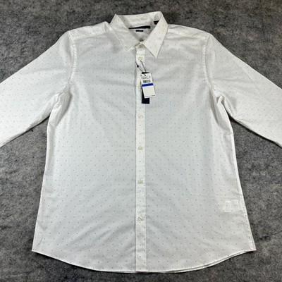 Perry Ellis Dress Shirt Men's XL Blue & White Polka Dots Long Sleeve Oeko Tek