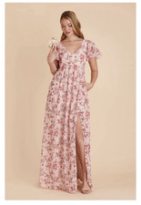 Birdy Grey Women’s 2XL Pink Floral Chiffon Maxi Dress V-Neck Flutter Ruffle