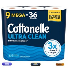Cottonelle Ultra Clean Toilet Paper, 9 Mega Rolls 36 Regular Rolls