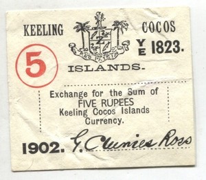 Keeling Cocos Islands 1902 5 Rupees Note P#S128 VF/XF See Scans