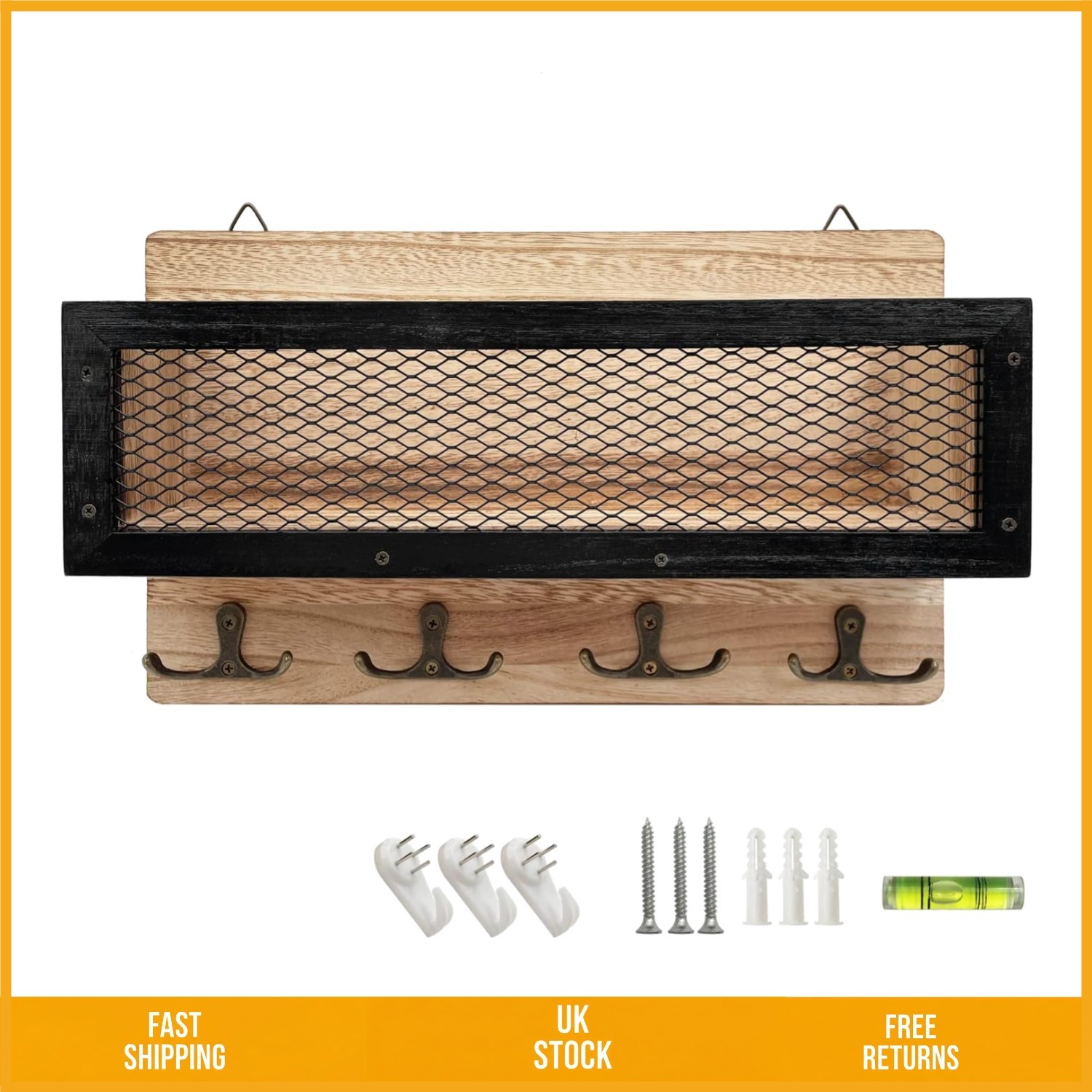 Elegant Wooden Wall Mount Key Rack Organizer Mail Holder with 4 Double Hooks
