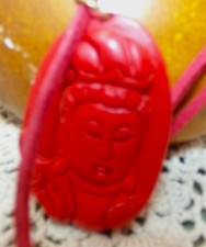 Long 28" cinnabar red KwanYin pendant necklace with red leather cord; free gift