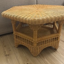 Vintage 80s Indonesia Rattan Wicker Cane Hexagonal Coffee Table Shelf Boho 76cm