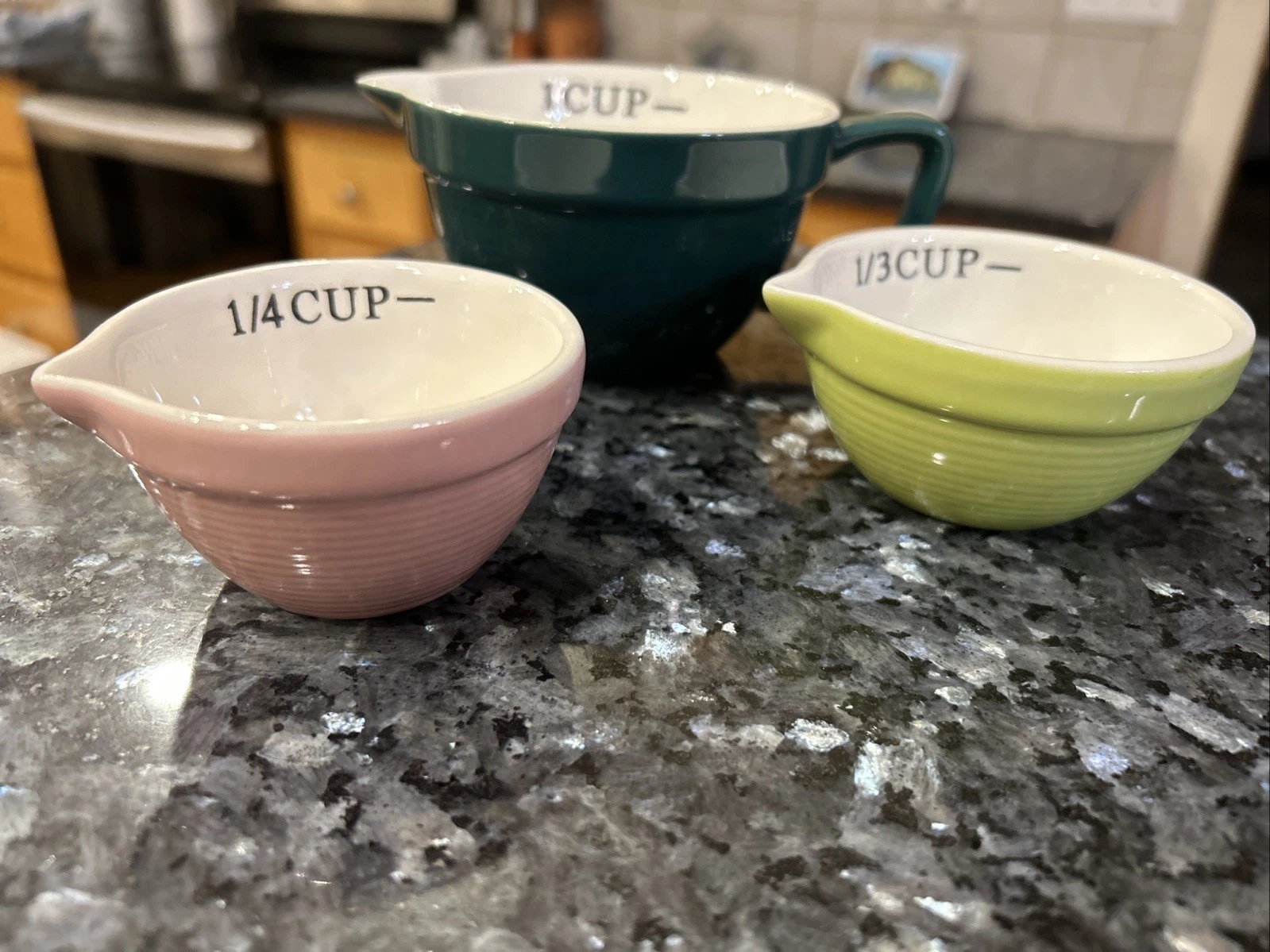 Three Measuring Cups Cute And Colorful 1/4, 1/3, And 1/2