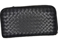 Bottega Veneta Women Intrecciato Zip-Around Black Lambskin Leather Wallet Italy
