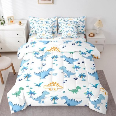 Feelyou Cute Dinosaur 7 Piece Bedding Set Blue Dinosaur Comforter Set Sheets