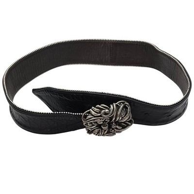 Vintage Fahrenheit NY Wide Black Leather Belt Pewter Buckle  display picture 3