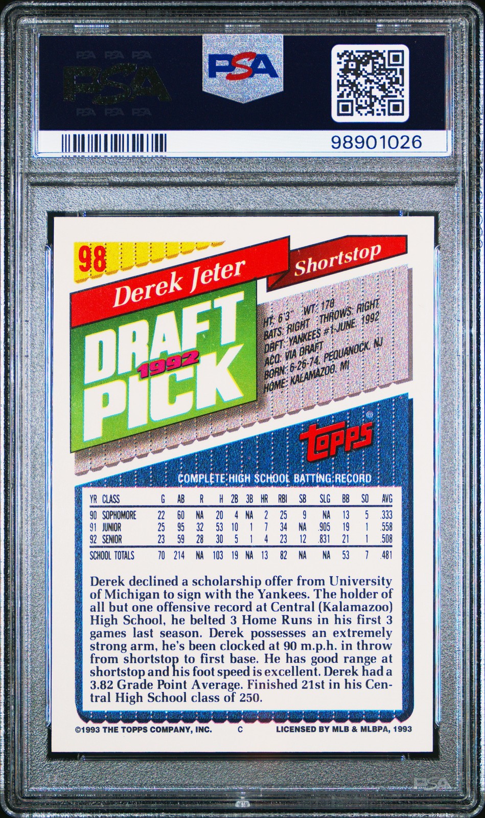 1993 TOPPS #98 DEREK JETER ROOKIE RC PSA 10 view 2
