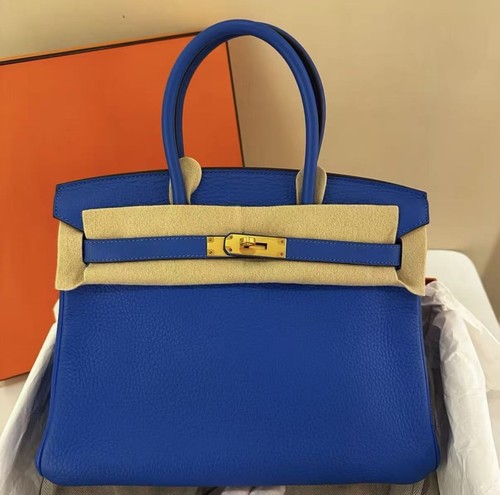 AUTH Hermes Birkin30 Bleu Royal Togo Leather Gold Hardware Top Handle Handbag