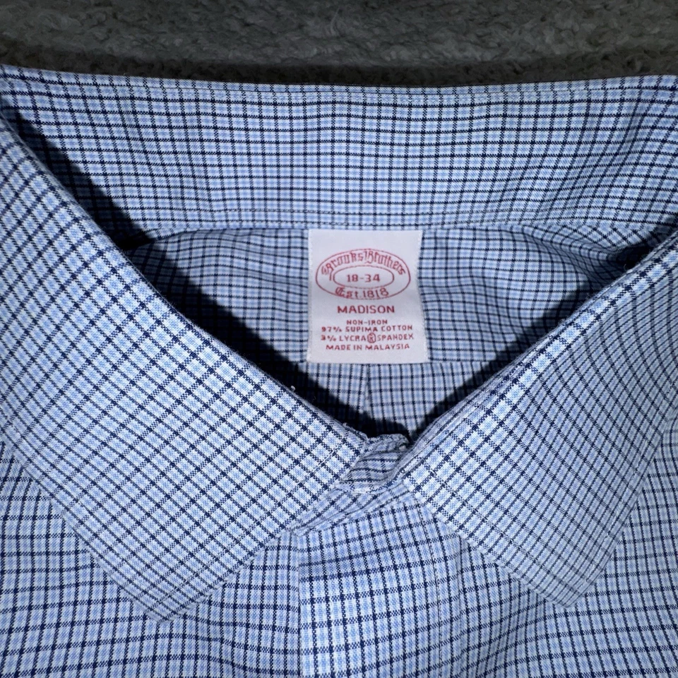 Brooks Brothers Shirt Mens 2XL 18 34 Blue Check Madison Non Iron Supima Stretch - Image 4 of 4