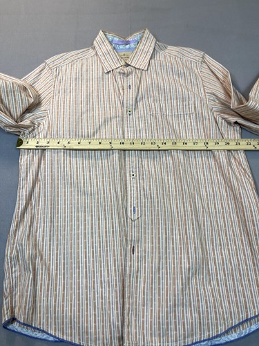Tommy Bahama Shirt Medium Island Crafted Mens Cotton Orange White Gray Striped - Picture 9 of 15