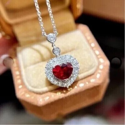 Valentine Gift 2.25Ct Heart Lab-Created Red Garnet Pendant 14K White Gold Plated