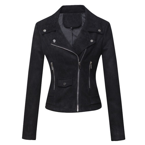 Damen Kunstleder Kunstleder Reißverschluss Motorrad Jacke Passform Oberbekleidung Kurzmantel - Bild 8 von 21