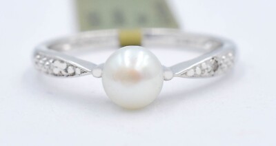ECHTE WEISSE PERLE & DIAMANT RING 10K MASSIV WEISSGOLD - kostenlose Bewertung - Neu mit Etikett