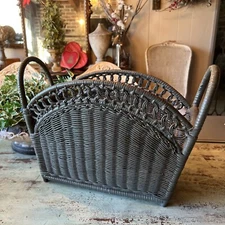 Vintage Gray Woven Wicker Magazine Holder Rack Handled MCM 16" Wide 12" Tall