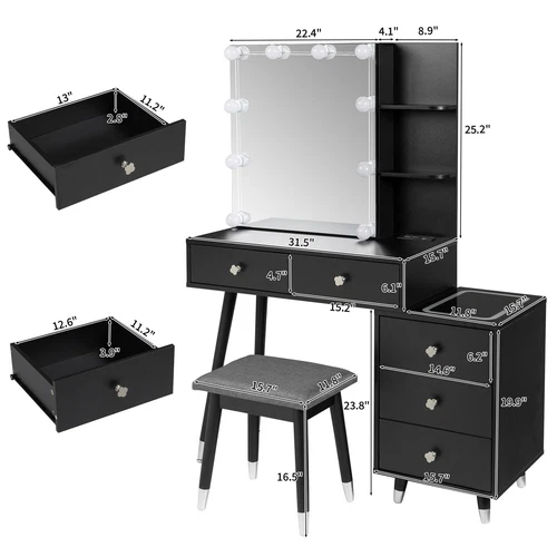Modern Vanity Set Modern Makeup Table Stool Set with Bulb LED Mirror & Cabinet - Picture 7 of 7