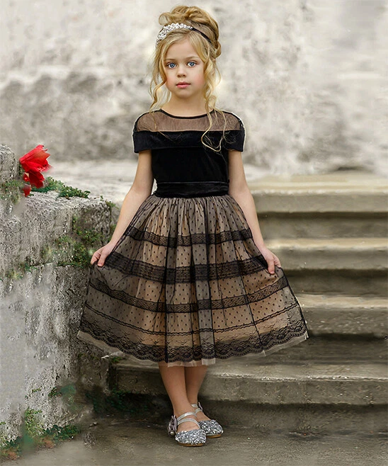 Girls Dress Black Lace Sheer Accent Bow Jacqueline Velvet A Line Size 8