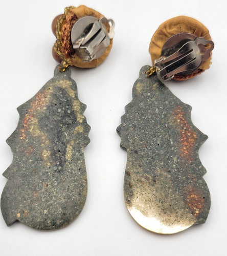 Artisan Acorn & Fall Leaves Dangle Earrings Resin MOP Clip on Statement - Picture 7 of 12