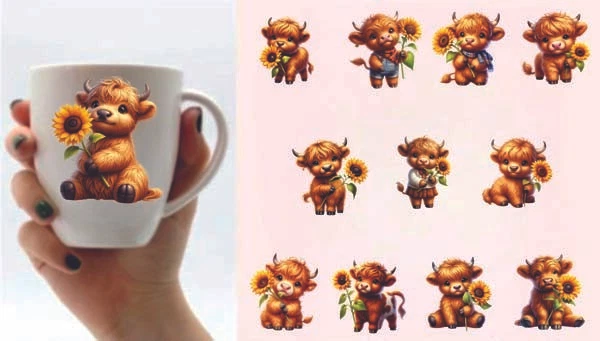12x Colourful Mixed Sunflower Highland Cow Vinyl Sticker Decal Wine Glass Bottle - Image 1 of 1