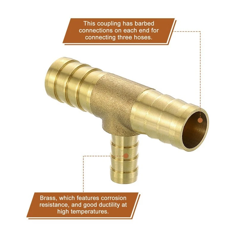 Brass Hose Barb Fittings 2pcs, 3-Way Tee 5/8" x 3/8" x 5/8" Barbed - Image 4 of 4