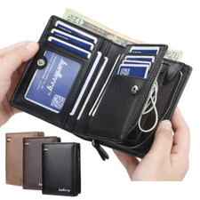 Men Leather Bifold Wallet 10 Credit Card Slots Zipper Pocket Front Pocket Wallet