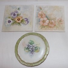 (3) Handpainted and SIGNED Floral TILES and TRIVET (S Troupe & Eunice Houser)