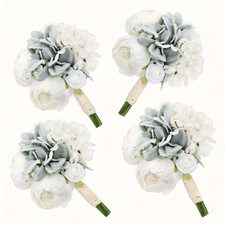 White Pre-Made Bridesmaids Bouquets Set of 4-7 inch Small Rustic Aritificial ...