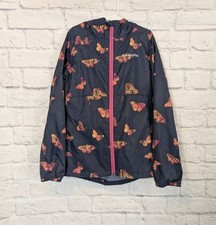 Columbia Hooded Windbreaker Girls M 10/12 Navy Pink Butterfly Pockets Zip Up