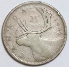 1942 25c Canada 80% Silver Quarter - RAW - 25 Cents - George VI - WWII Era