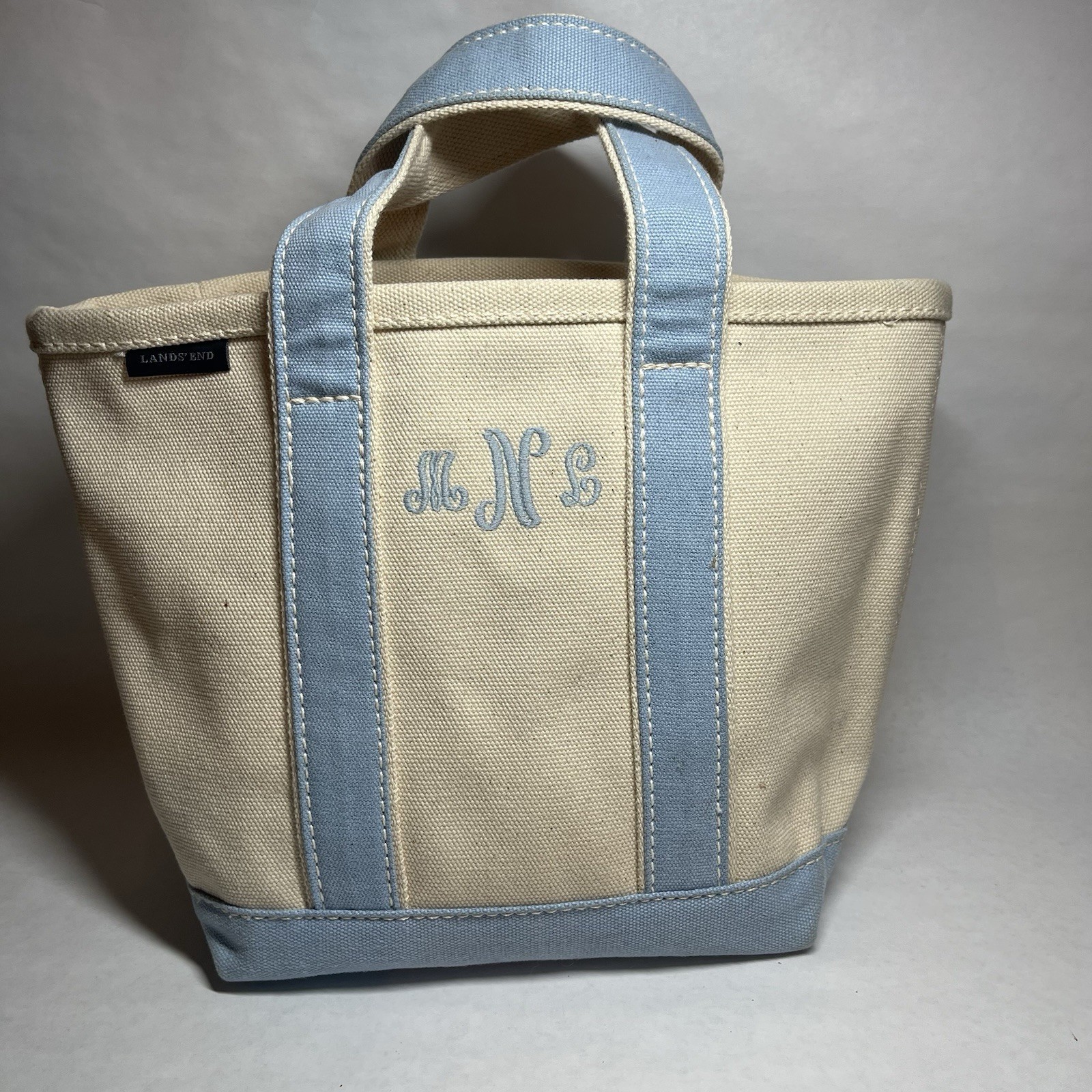 Lands End Canvas Boat & Tote Bag Open Top Size Small L. Blue Trim Nautical Purse