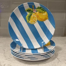 Set 6 Melamine 8.75" Plates Amalfi Coast Blue Stripe Fresh Lemon / Lemons Plate