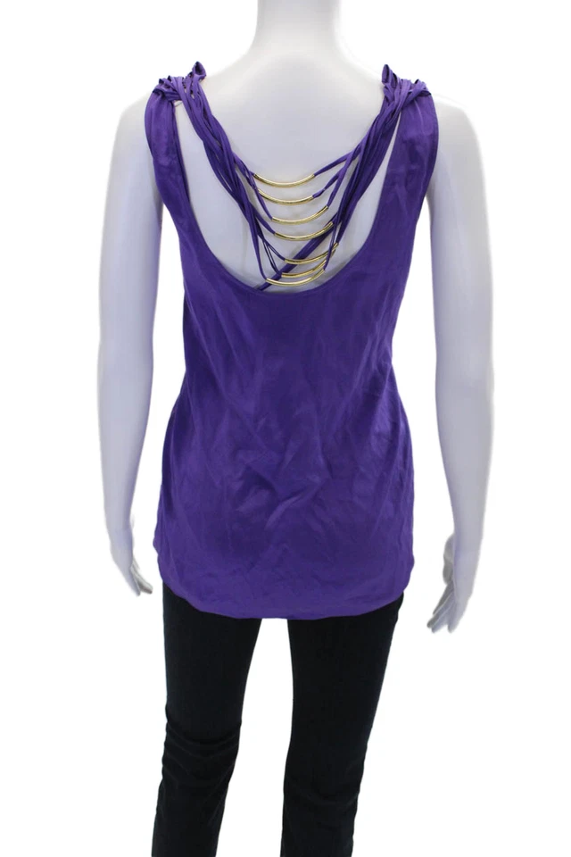 Top BCBGMAXAZRIA para mujer cuello redondo metal tiras seda púrpura talla grande Foto 3 de 4