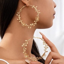 Gold Floral Metal Hoop Earrings Continuous Hoop Closure 7cm x 8cm Lobe Jewelry