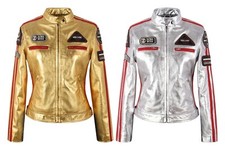 Sizma Ladies Gold/silver Foiled Leather Jacket Retro Biker Racer Style Jessica