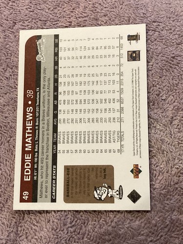 1998 Upper Deck Retro Eddie Mathews Milwaukee Braves #49 HOF - Picture 2 of 2