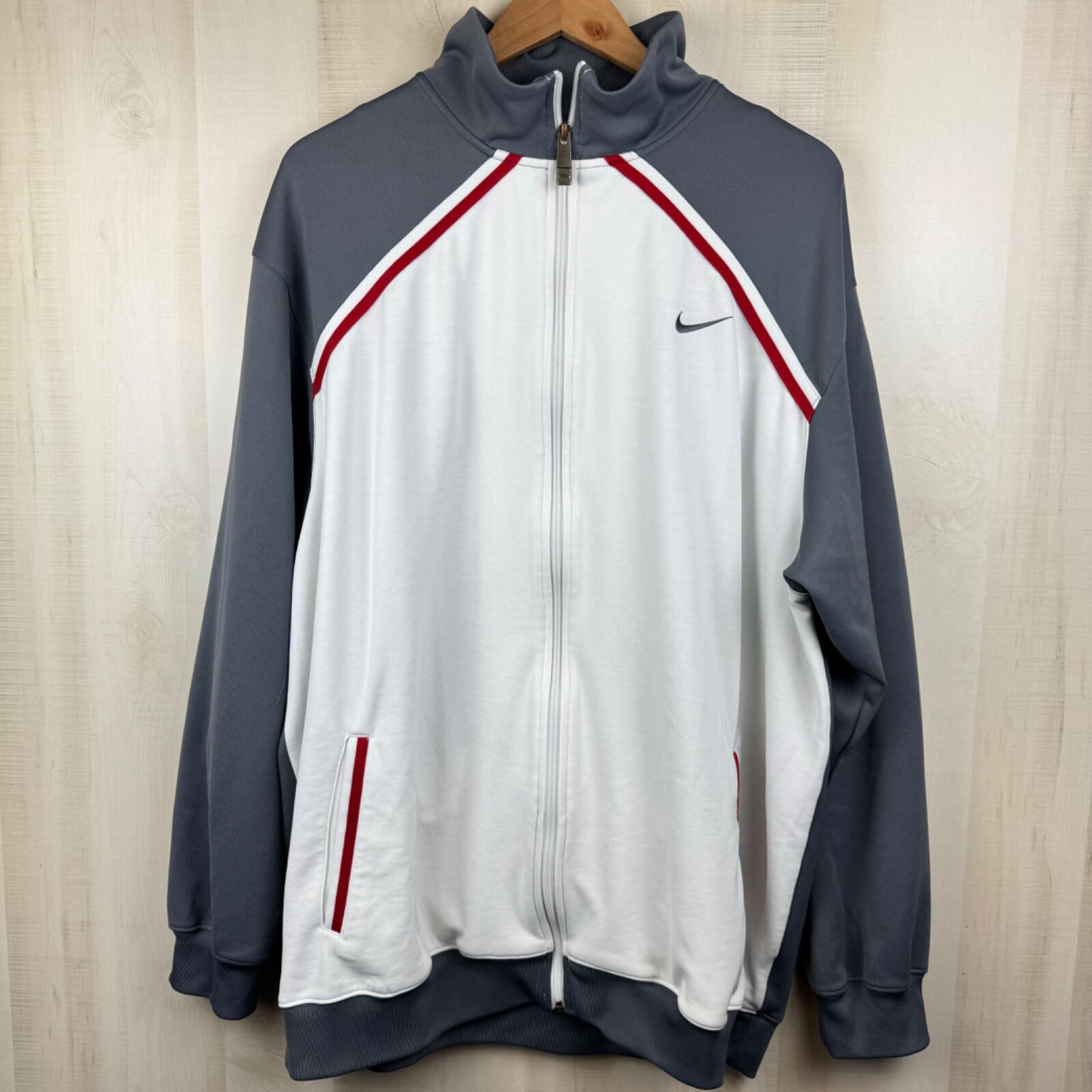 OFF WHITE X NIKE Giacca da pista vintage Y2K Nike uomo full zip grigio crema rosso argento etichetta XXL