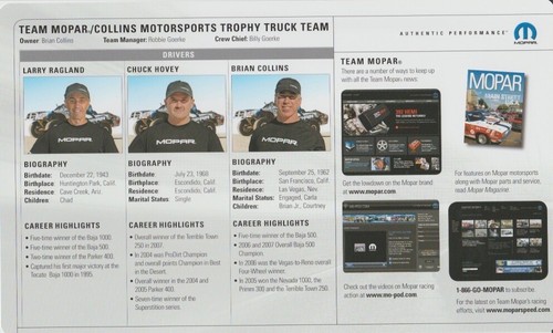 Tarjeta de héroe Collins Motorsport Mopar Dodge Ram 2008 camión trofeo todo terreno puntuación - Imagen 2 de 2