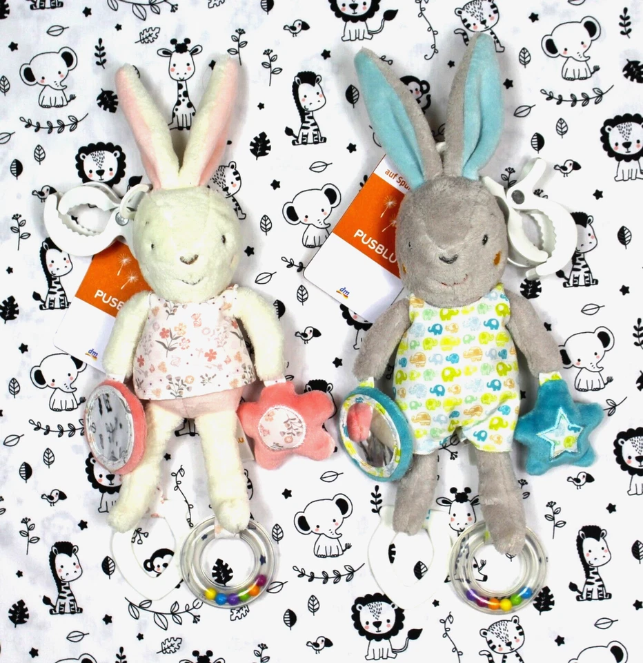 Neu PUSBLU / dm 1 x Activity Kuscheltier HASE Rassel Spiegel Beißring Quietscher