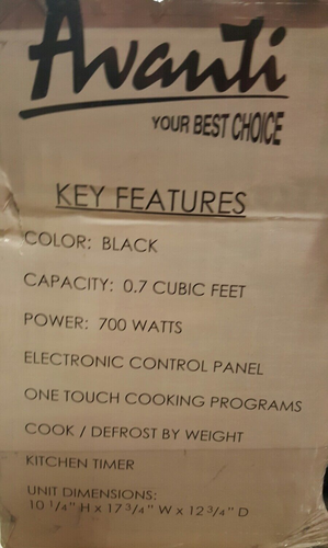 Avanti 0.7 Cu. Ft. 700W Microwave Oven, Black, Damaged Box (New) - Picture 5 of 8