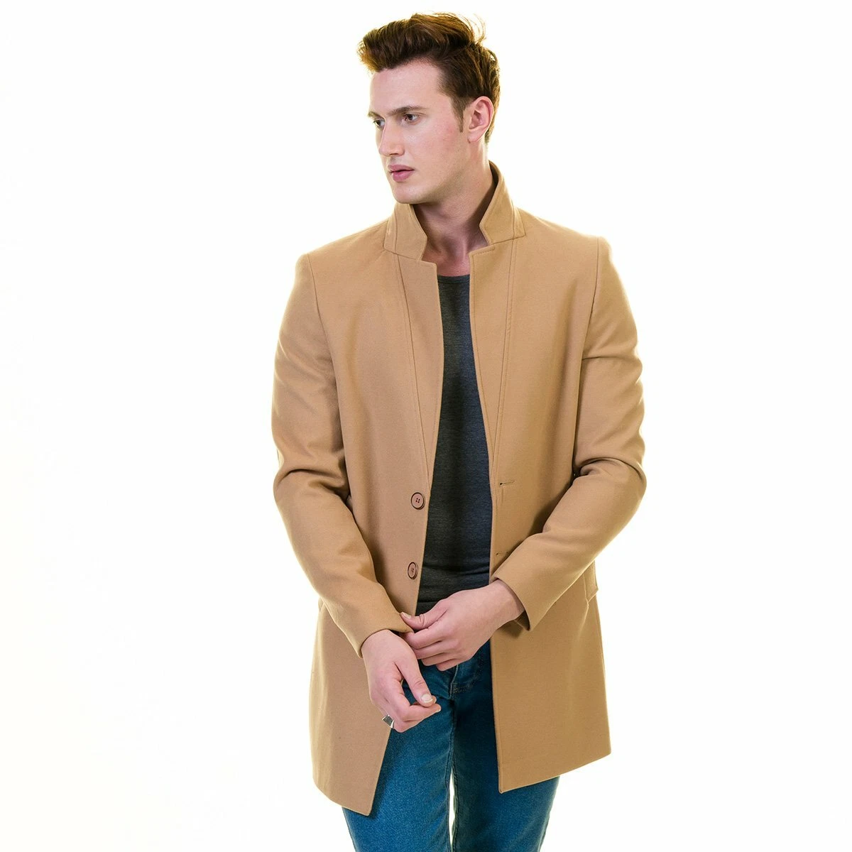 Men s European Beige Wool Coat Jacket Tailor fit Fine Luxury