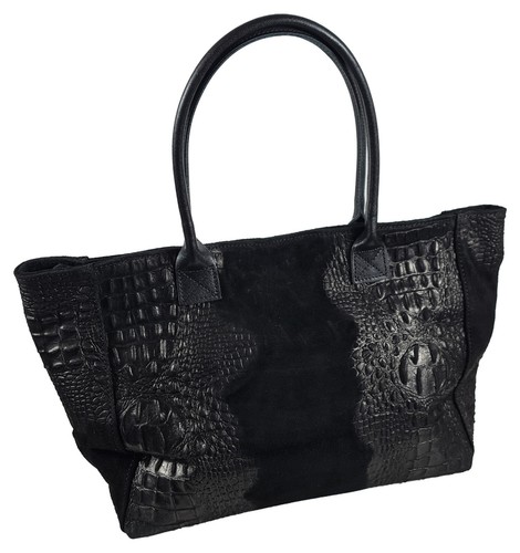 Echt Leder Shoppertasche Krokodil Natura Schwarz - Rindsleder Krokoprägung - Picture 2 of 2