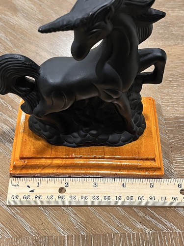 Black Unicorn Sculpture Painted Resin 6”x6” On Stained Wooden Base See - Picture 18 of 18