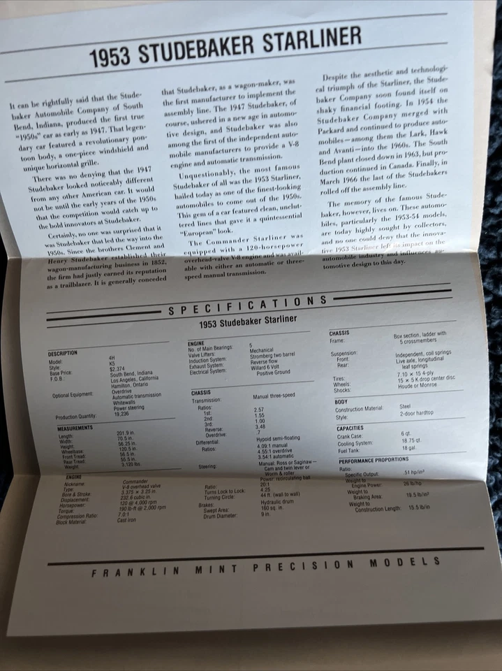 Franklin Mint классические автомобили 50-х Studebaker Starliner спецификации - Изображение 3 из 4